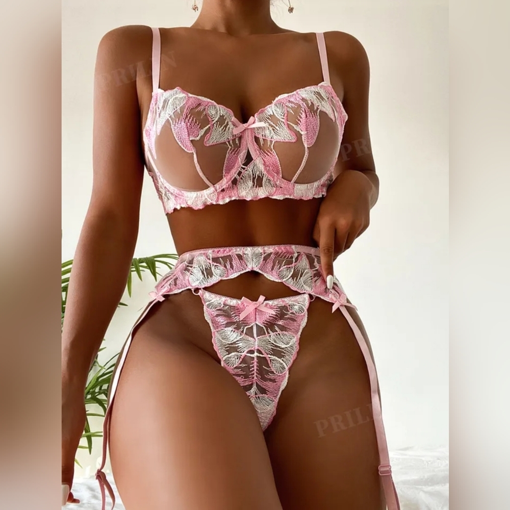 Beautiful French Lace White and Pink 3 Piece Lingerie Set